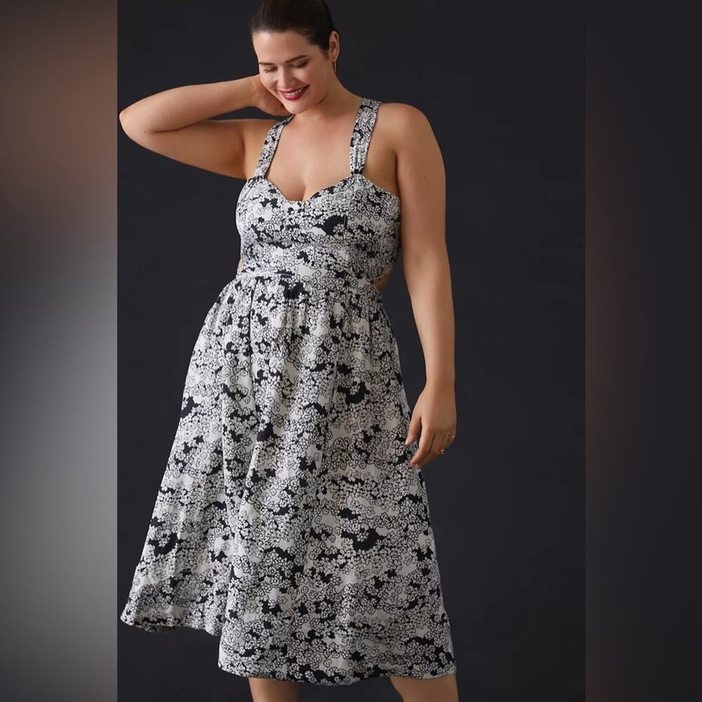 Anthropologie Printed Midi Dress‎ Black Floral Linen Blend Cutout Women’s Size S - Picture 5 of 13